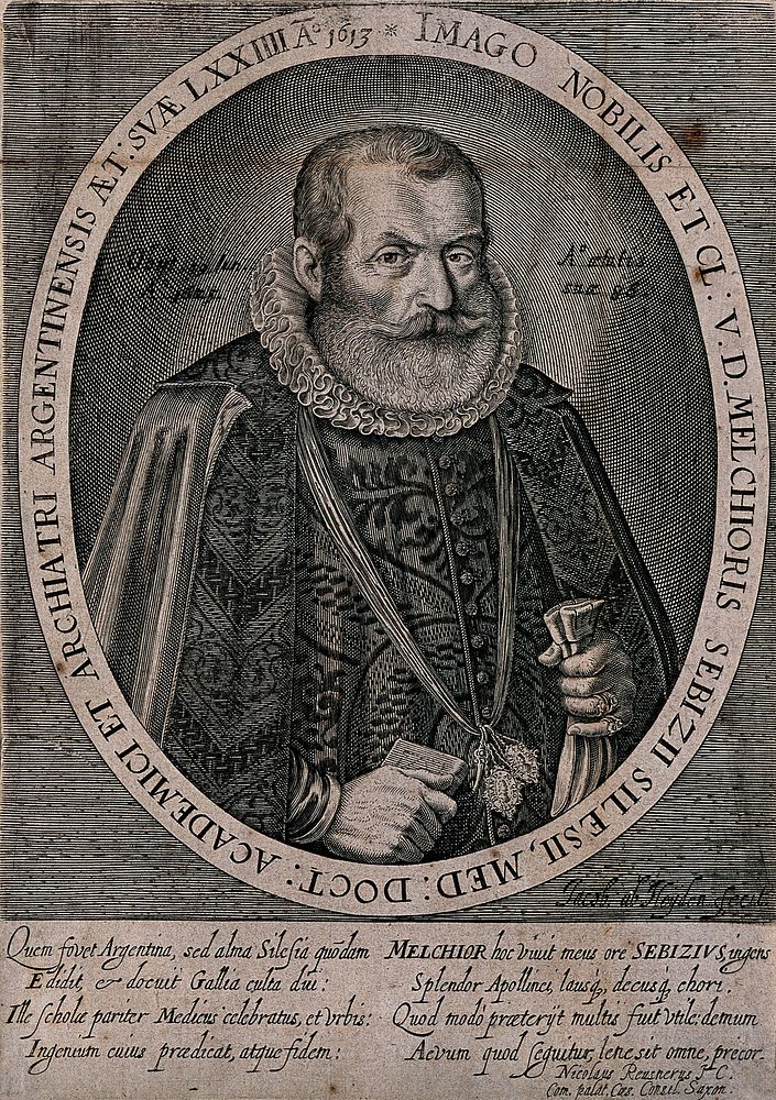 Melchior Sebizius. Line engraving by J. van der Heyden after himself.