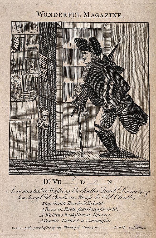 An eccentric itinerant medicine vendor who collects old books, outside a bookshop. Etching.