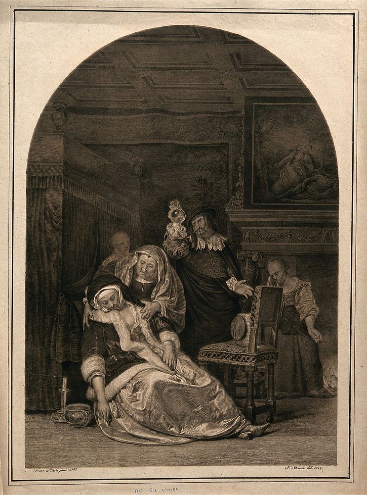 An ill woman collapsing, a maid rushes to her aid while her physician is examining a urine specimen. Lithograph by N.…