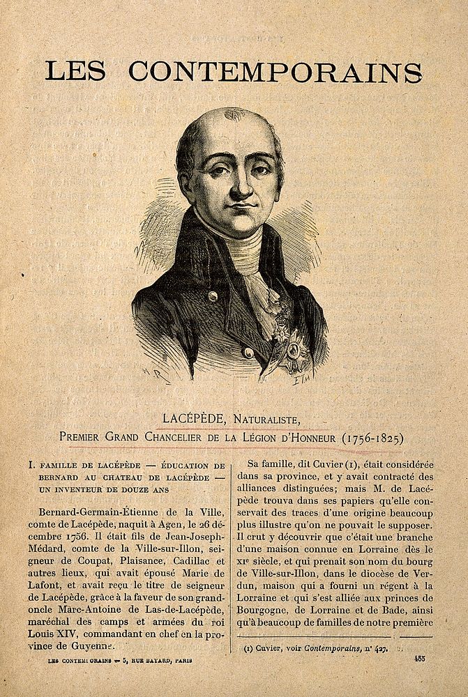 Bernard Germain Étienne de la Ville-sur-Illon, Comte de Lacépède. Wood engraving by E.T.H. after H. Rousseau.