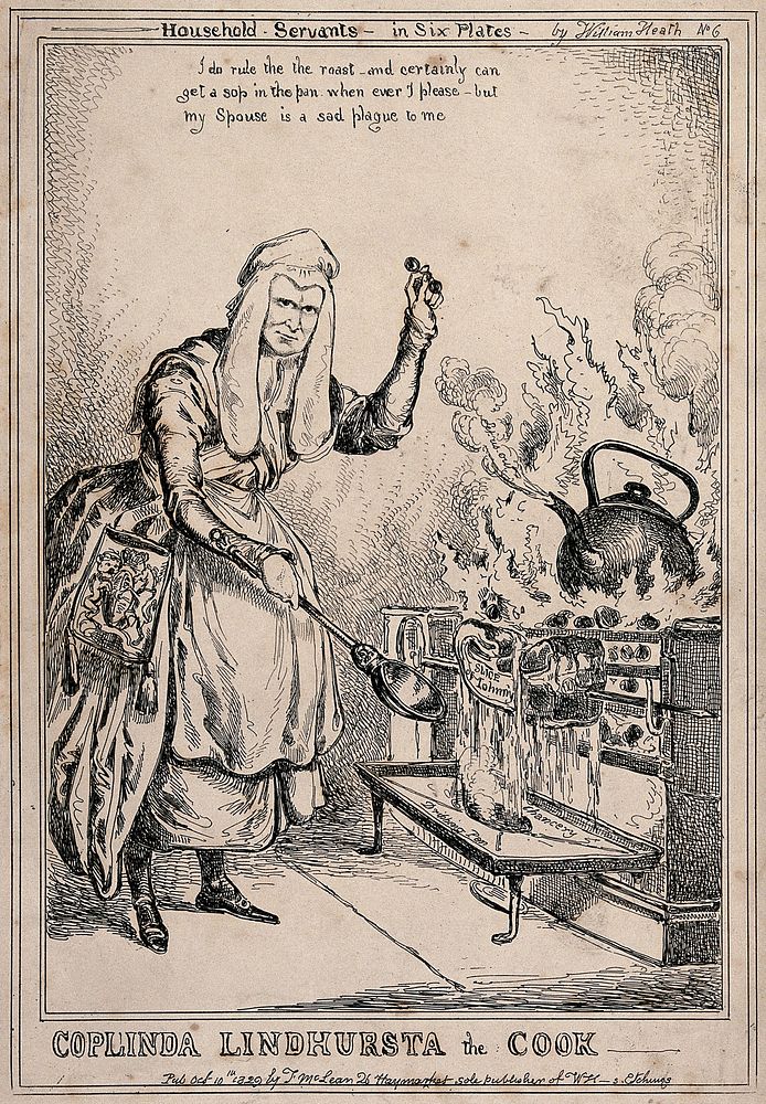 Lord Lyndhurst, as a cook with a large ladle in his hand, is roasting beef on the spit as a large kettle boils. Etching by…
