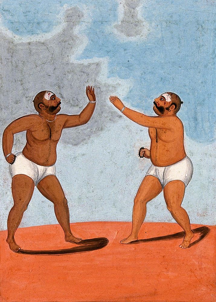 Pair of wrestlers fighting. Gouache drawing.