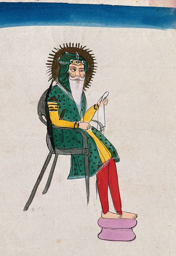 A Sikh man with a halo sitting on a chair. Gouache painting by an Indian painter.