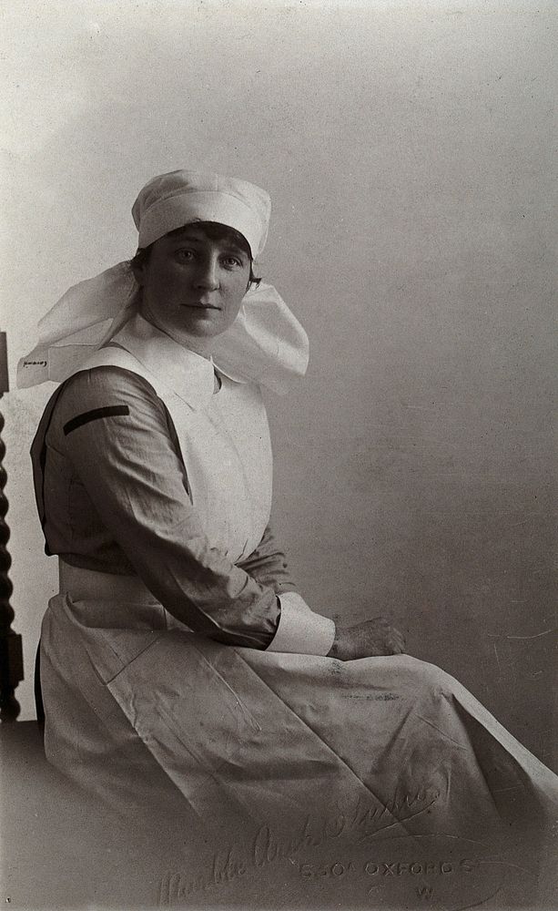 A nurse, Moyra  Cavanagh, in uniform, London. Photograph by Marble Arch Studios, ca. 1902.