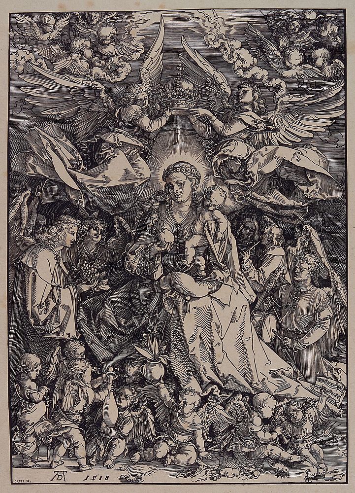 Saint Mary (the Blessed Virgin) with the Christ Child and angels. Woodcut by Örtel after A. Dürer, 1518.