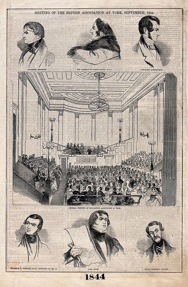 Meeting of the British Association for the Advancement of Science at York, 1844, with vignettes of its officers. Wood…