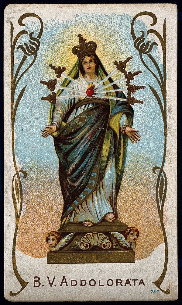 Saint Mary (the Blessed Virgin) as Virgin of the Seven Sorrows. Colour photogravure after A. Piò.