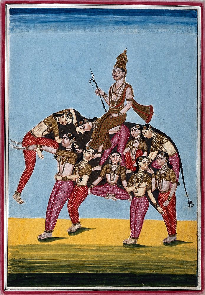 Girl acrobats forming the shape of an elephant at the circus of Srīrangam. Gouache, 18--.