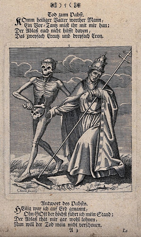 Dance of death: death and the pope. Etching and letterpress attributed to J.-A. Chovin, 17--, after the Basel dance of death.