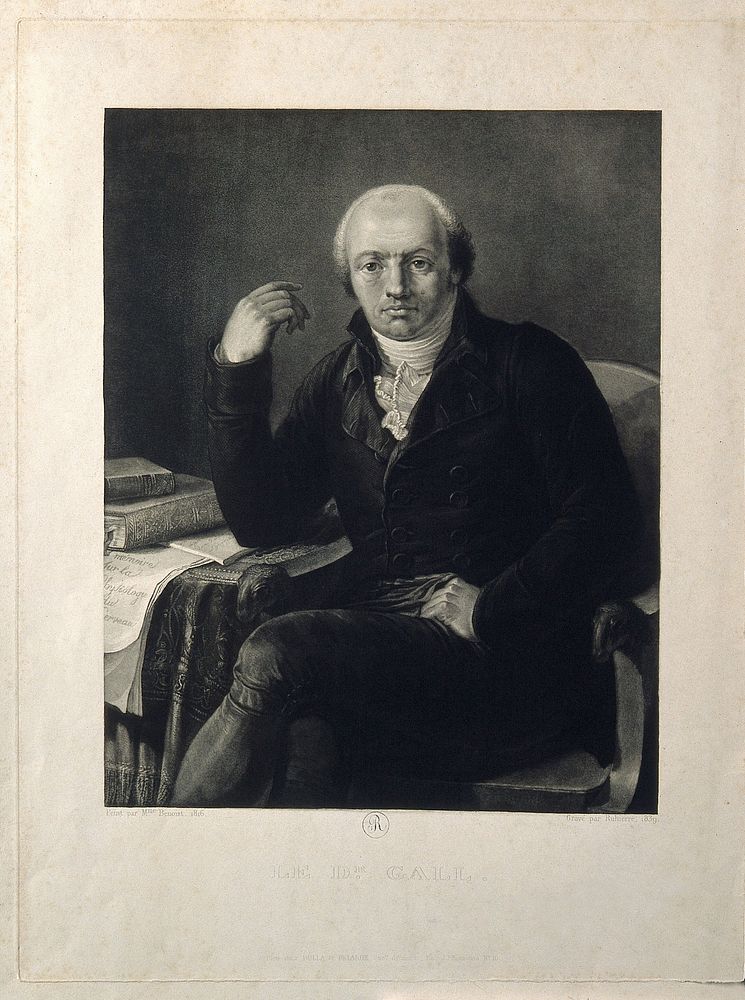 Franz Joseph Gall. Mezzotint by E.J. Ruhierre, 1839, after Marie-Guilhelmine Benoist.