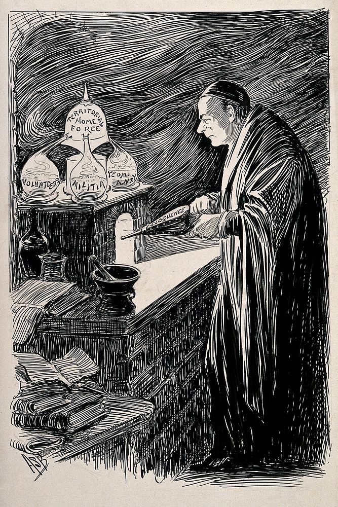Richard Burdon Haldane as an alchemist using bellows, representing his eloquence, to distil a new military unit from three…