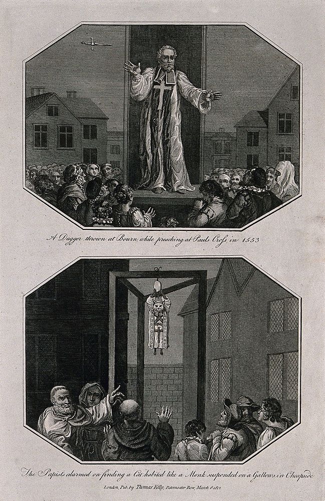 Above, a dagger is thrown in the direction of a priest on a platform; below, monks pointing at and showing signs of distress…