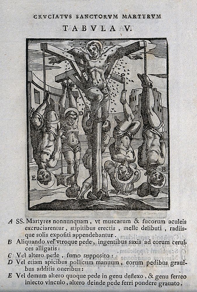 Martyrdom of five male saints by suspension from an elaborate crucifix, one being stung by wasps. Woodcut.