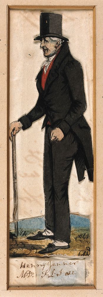 Henry Jenner, holding stick and wearing top hat and tails. Watercolour and ink attributed to S. Jenner, 1830/1840.