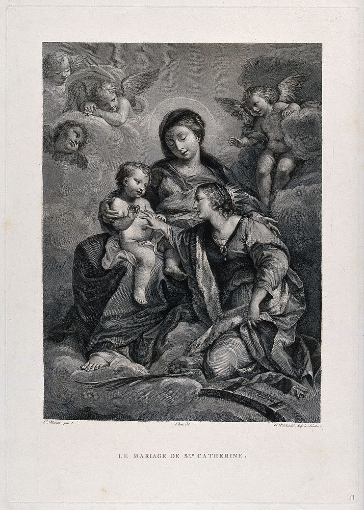 The mystic marriage of Catherine of Alexandria and the infant Christ. Engraving by J. Vendramini after Cheri after C.…