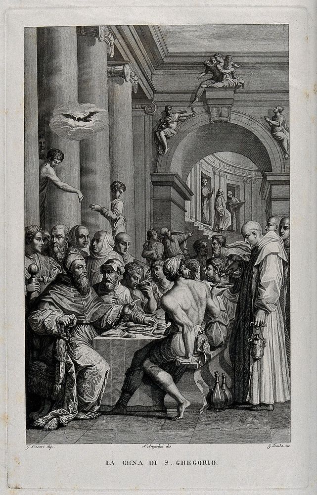 The supper of Saint Gregory: Saint Gregory seated at a table with his companions; a monk is pouring some wine. Engraving by…