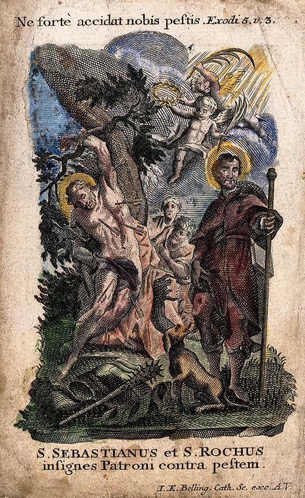 Saint Sebastian and Saint Roch as plague saints and martyrs. Coloured engraving by J.E. Belling.