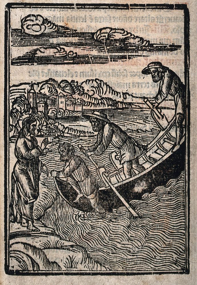 Jesus calls James and John from their boat; their father Zebedee stands behind them. Woodcut.