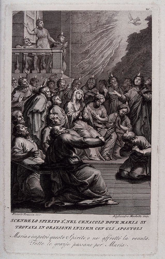 The Holy Spirit initiates the Pentecost. Engraving by A. Mochetti after N. Poussin .