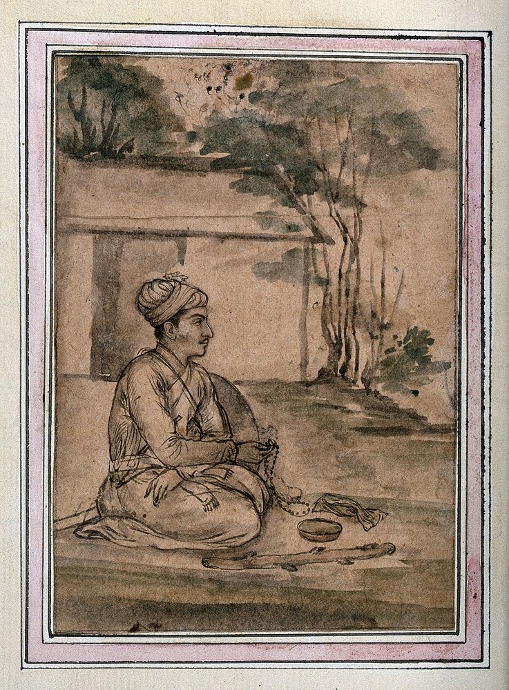 A seated Mughal court attendant in a garden. Gouache preparatory painting, by an Indian artist, Mughal period.