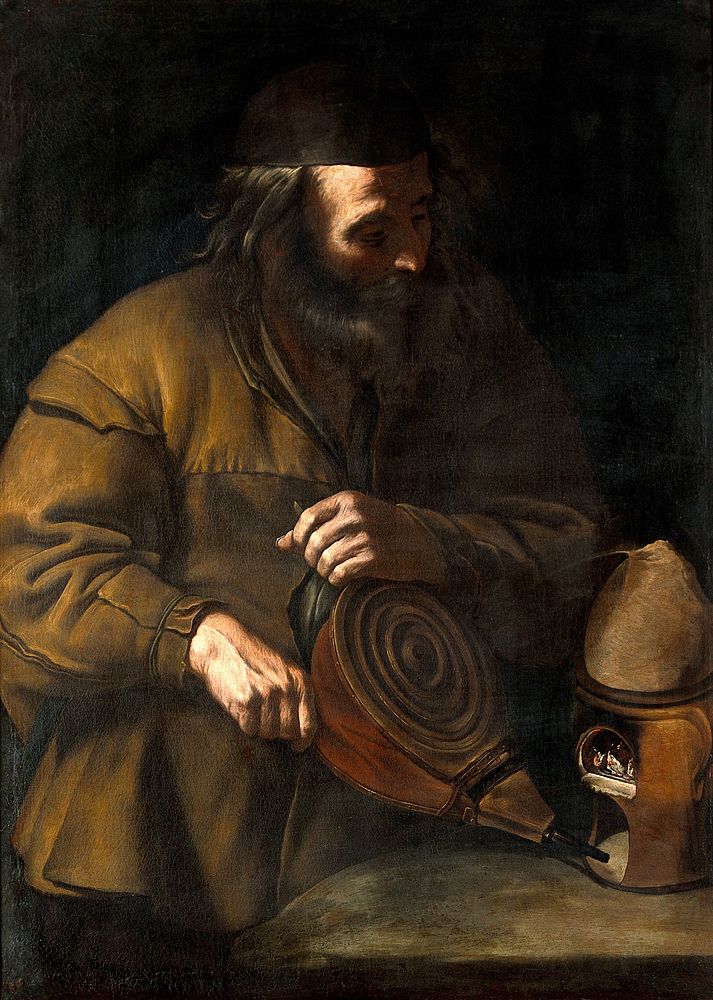 An alchemist applying bellows to a fire beneath a retort. Oil painting by a Neapolitan painter, 18th  century.