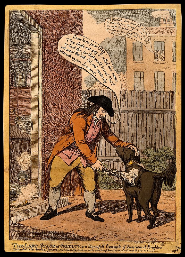 John Glaisyer a Quaker anointing a dog with burning vitriol oil; implying a satirical attack on the Quaker movement.…
