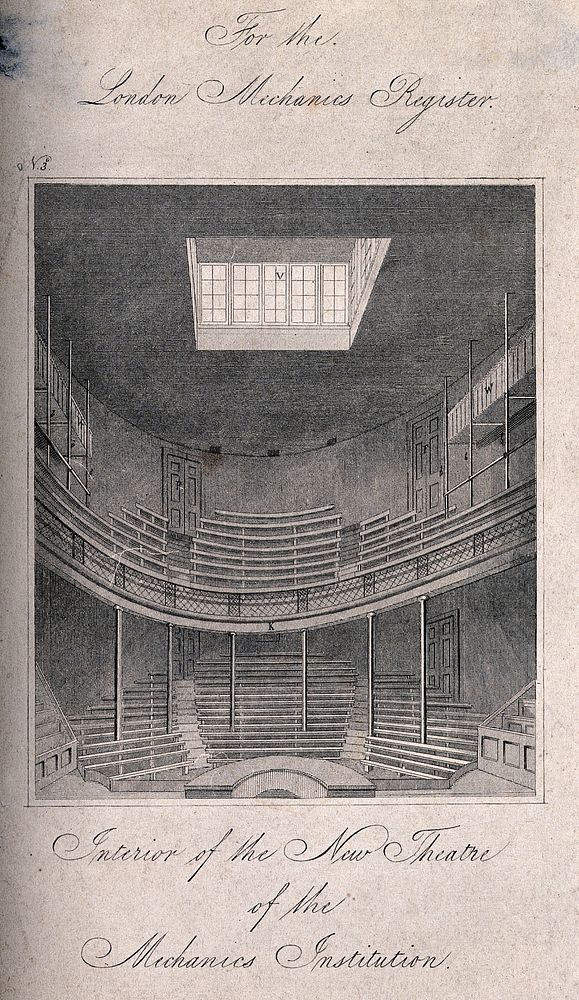 London Mechanics' Institute, Southampton Buildings, Holborn: the interior of the lecture theatre. Engraving, 1825.