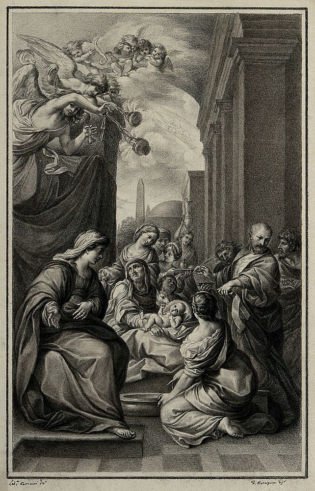 The birth of John the Baptist. Drawing by F. Rosaspina, c. 1830, after L. Carracci.