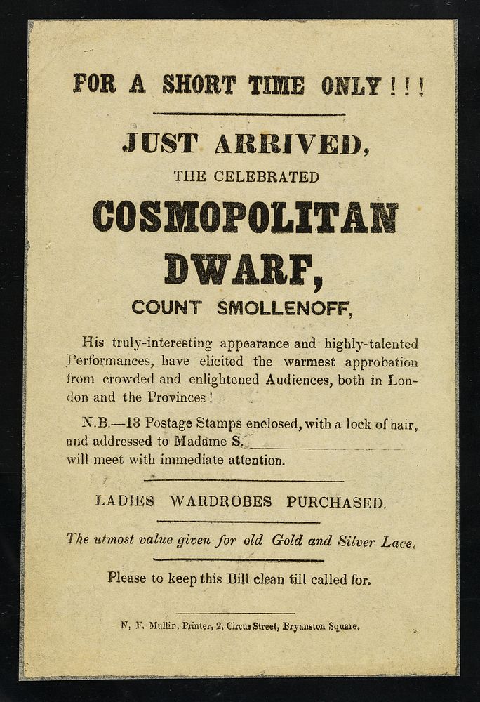 [Leaflet advertising appearances by Count Smollenoff ("for a short time only!!!")].
