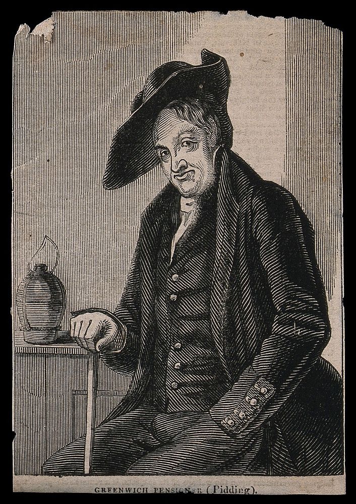A Greenwich Pensioner, seated, with a jug near his left hand. Wood engraving.