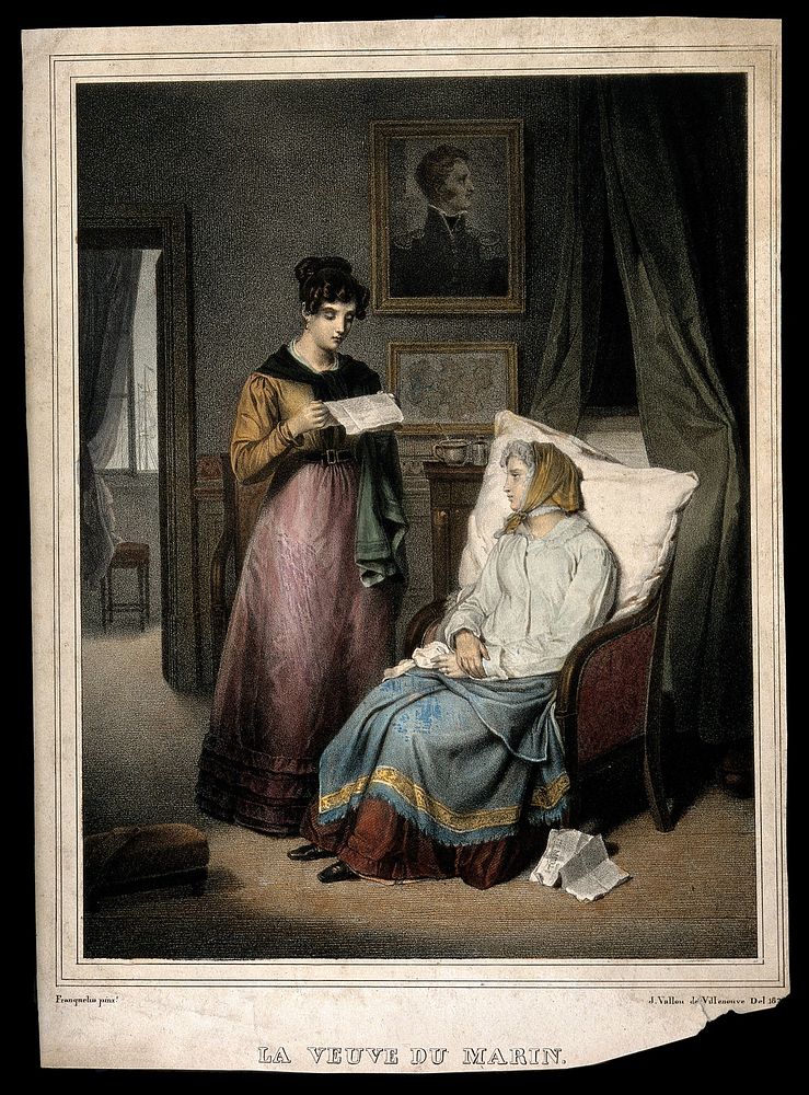 A sailor's widow listens while a woman reads her a letter. Coloured lithograph by J. Vallou de Villeneuve, 183, after J.A.…