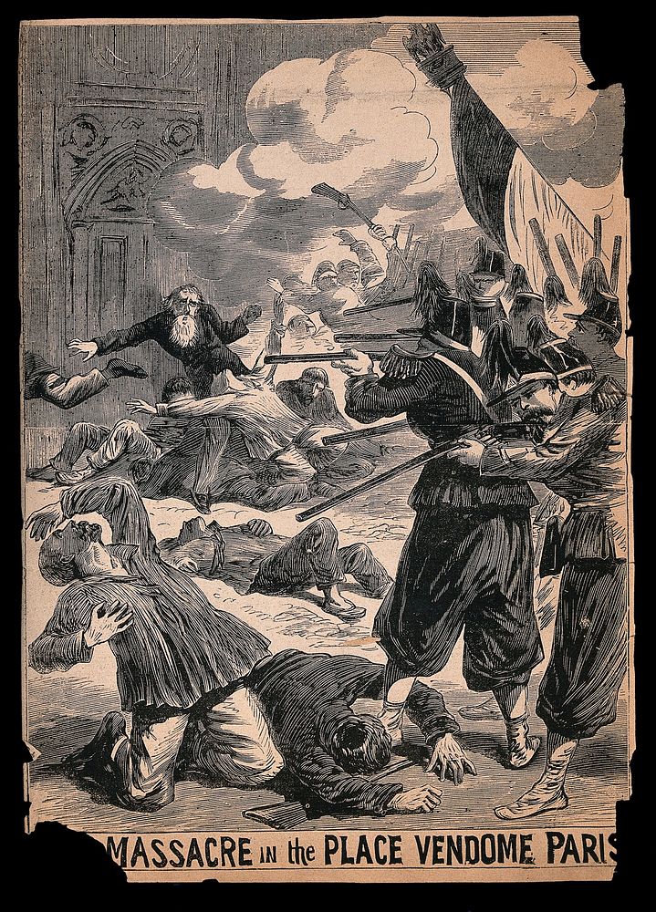 Massacre in the Place Vendôme: soldiers shooting old and young men alike. Wood engraving.
