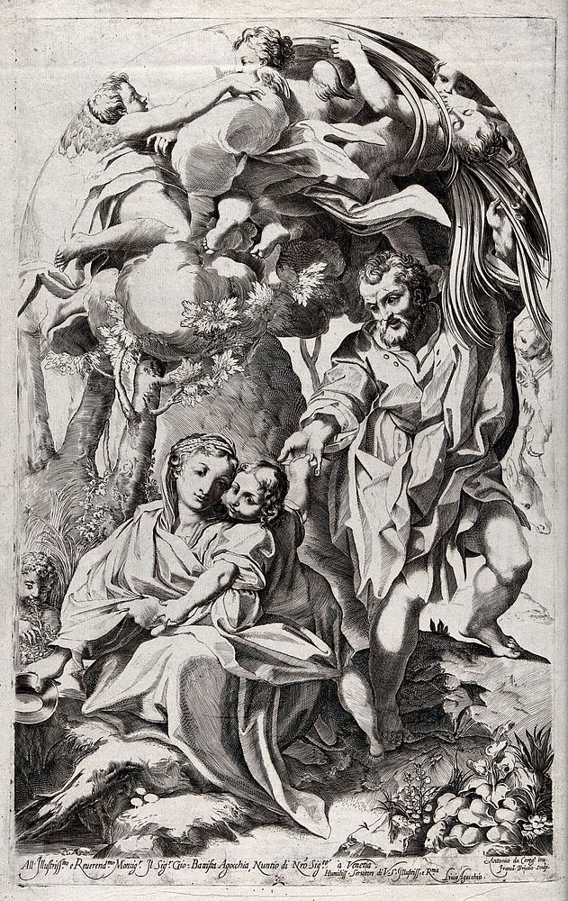 While the holy family rest on the way to Egypt, Joseph bends over a palm tree to provide them with dates. Engraving by F.…