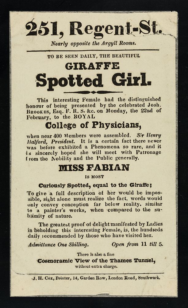251, Regent-St. nearly opposite the Argyll Rooms : to be seen daily, the beautiful Giraffe Spotted Girl ... Miss Fabian is…