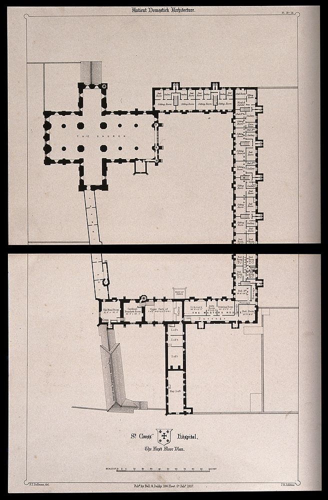 Hospital of St. Cross, Winchester, Hampshire: floor plan of the first floor. Transfer lithograph by J.R. Jobbins, 1857…