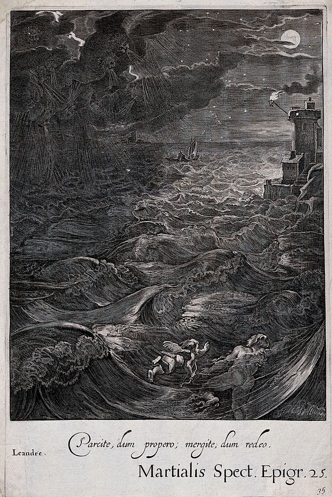 Leander swimming the Hellespont towards Hero's light, with Eros guiding him. Engraving.