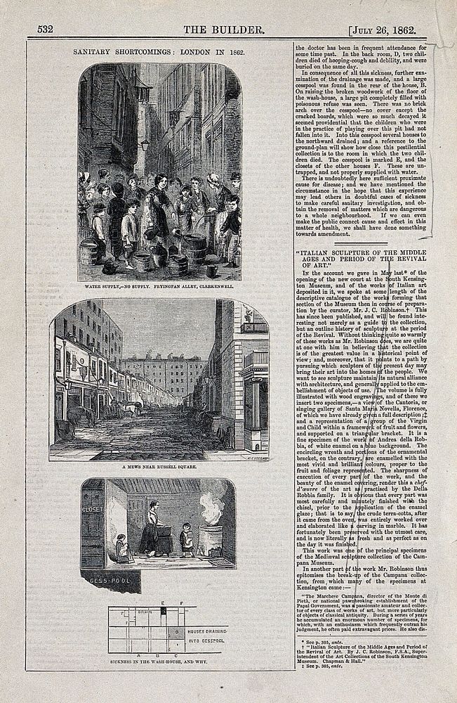 Poor sanitary conditions in London in 1862: four scenes. Wood engraving by W. E. Hodgkin, 1862.