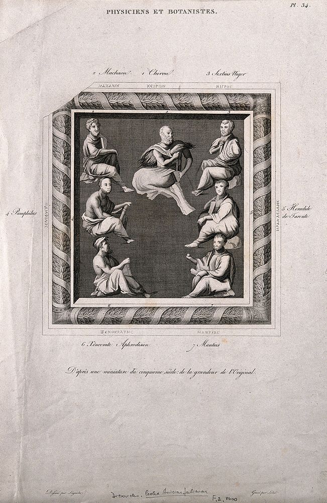 Seven named physicians and botanists of the ancient Greek world. Engraving by Lohié after C. Bourguignon, called Laguiche.