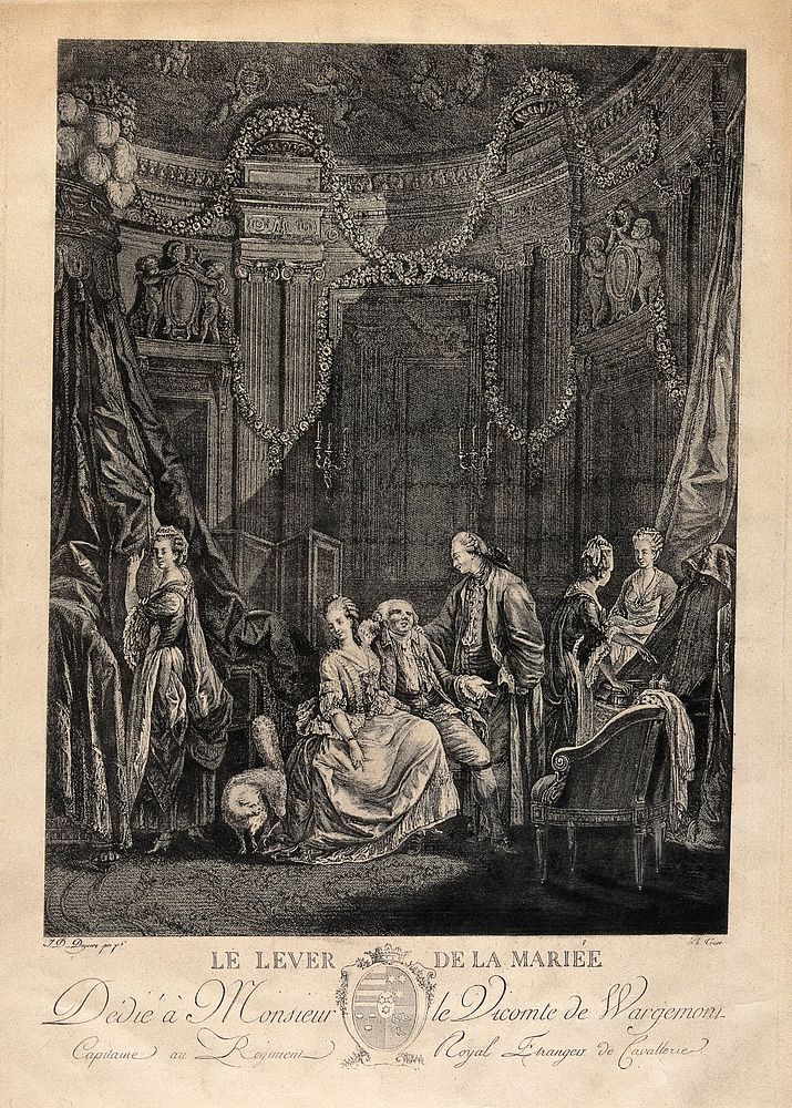 A woman in her dressing chamber with by two male visitors and three maidservants. Engraving by Ph. Trière, 1781, after J.D.…