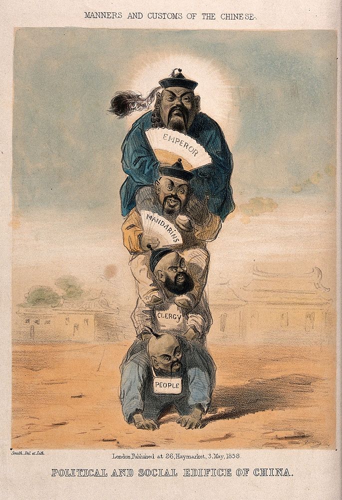 The people of China weighed down by the hierarchy of emperor, mandarins and priests. Coloured lithograph by Smith, 1858.