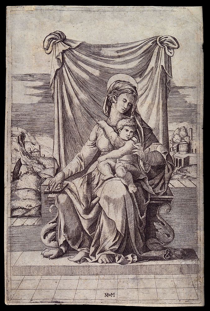 Saint Mary (the Blessed Virgin) with the Christ Child. Engraving by N. Wilborn.