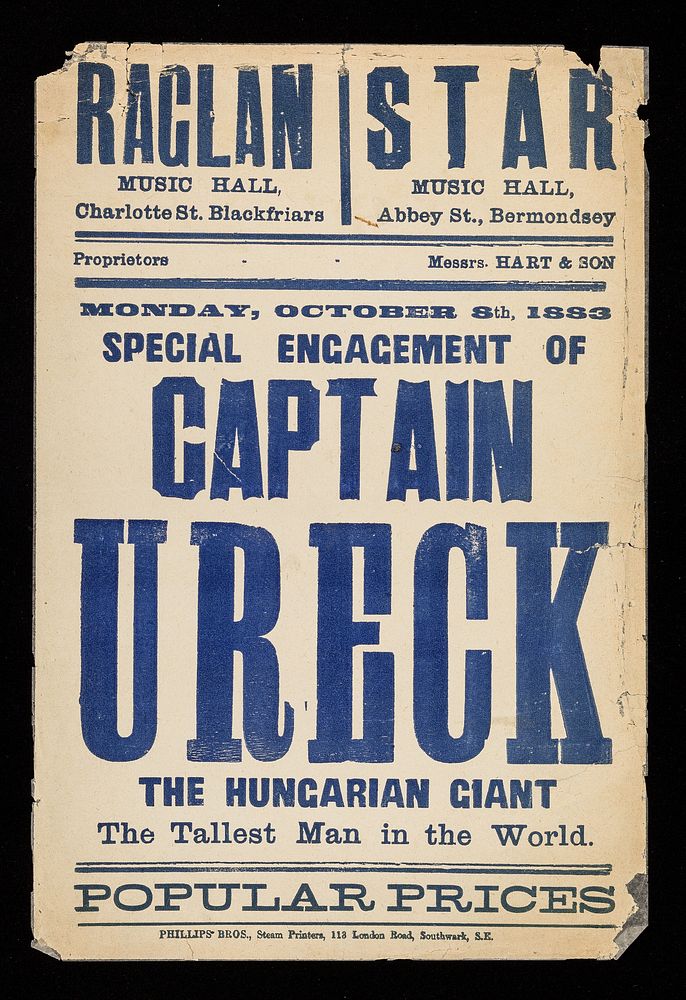 Monday, October 8th, 1883 : special engagement of Captain Ureck, the Hungarian giant : the tallest man in the world / Raglan…