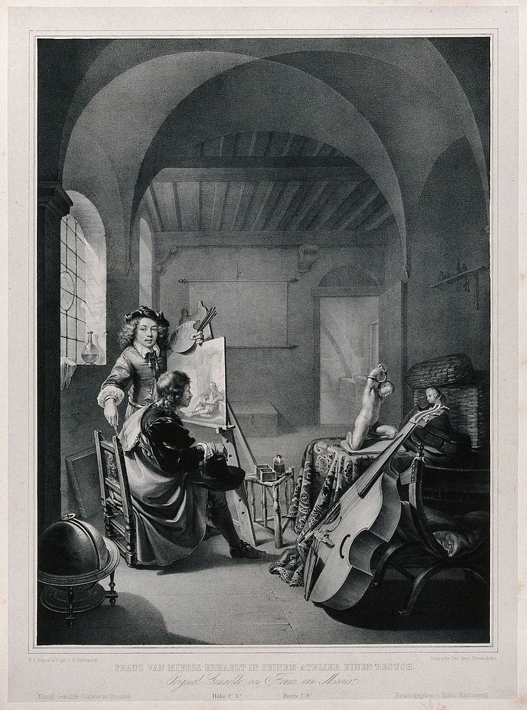 The painters Willem van de Velde the younger and Adriaen van de Velde studying a painting on an easel. Engraving by T.V.…