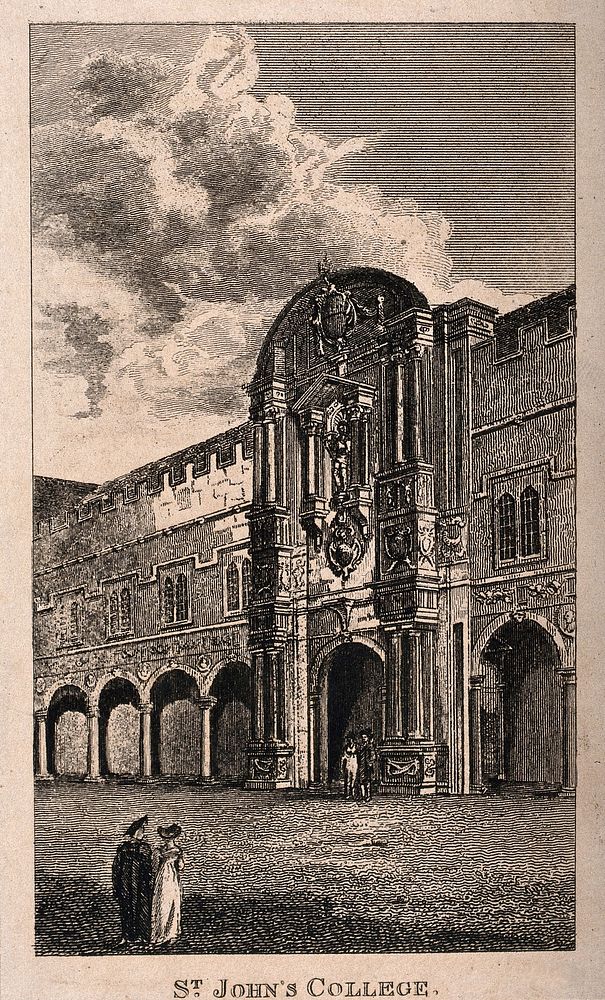 St. John's College, Oxford: decorative archway. Line engraving.