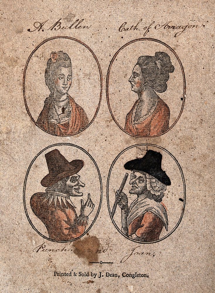 Two women with elaborate hairstyles and necklaces (designated as Anne Boleyn and Catherine of Aragon) and two others wearing…