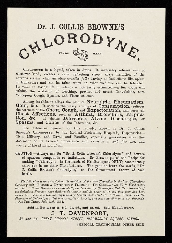 Dr. J. Collis Browne's Chlorodyne is the great specific for cholera, diarrhoea, dysentery ... / sole manufacturer J.T.…