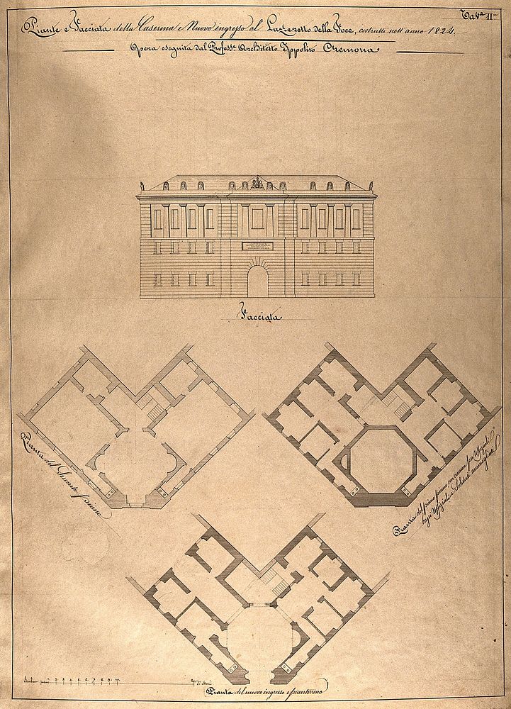 The lazaretto at Foce: facade and floor plans. Pen drawing by I. Cremona, 1824.