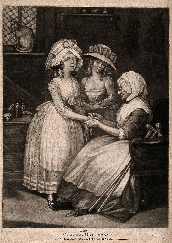 A woman doctor bandaging a young woman's hand. Mezzotint, 1787.