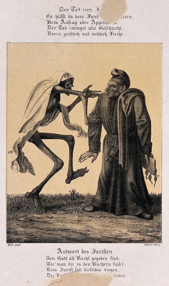 The dance of death at Basel: death and the lawyer. Lithograph by G. Danzer after H. Hess.