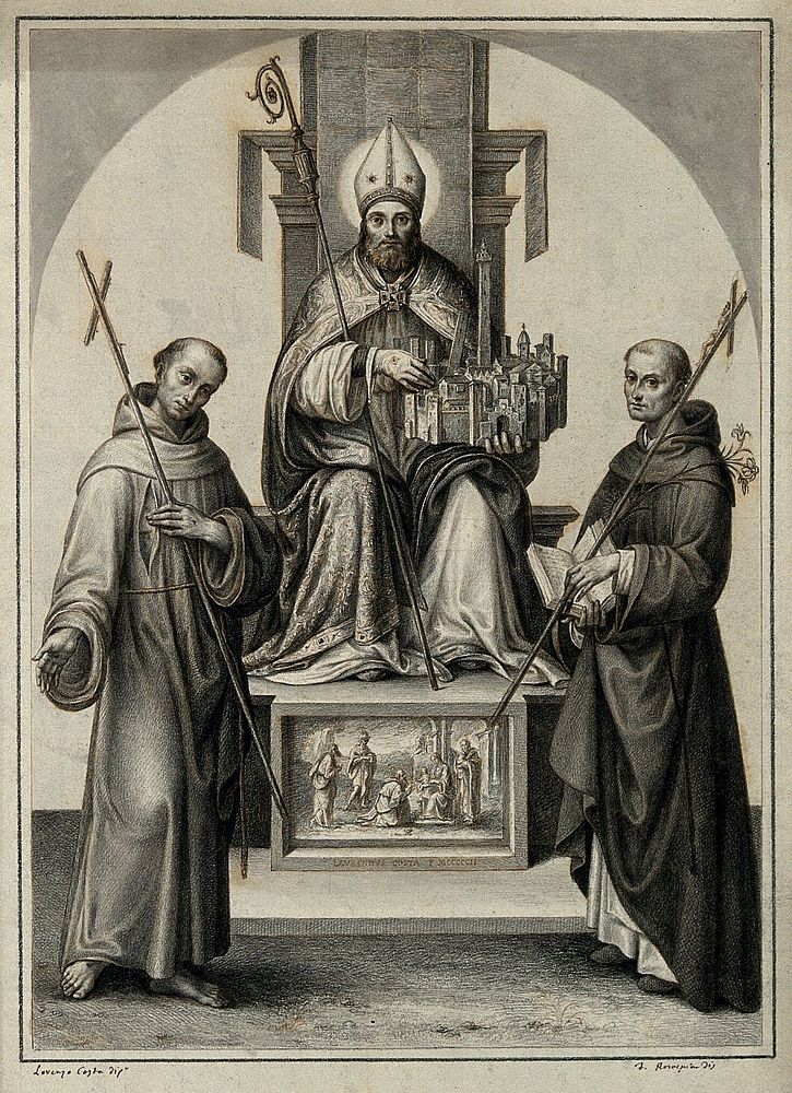 Petronius, bishop of Bologna, with Saint Francis of Assisi and Saint Dominic. Drawing by F. Rosaspina, c. 1830, after L.…